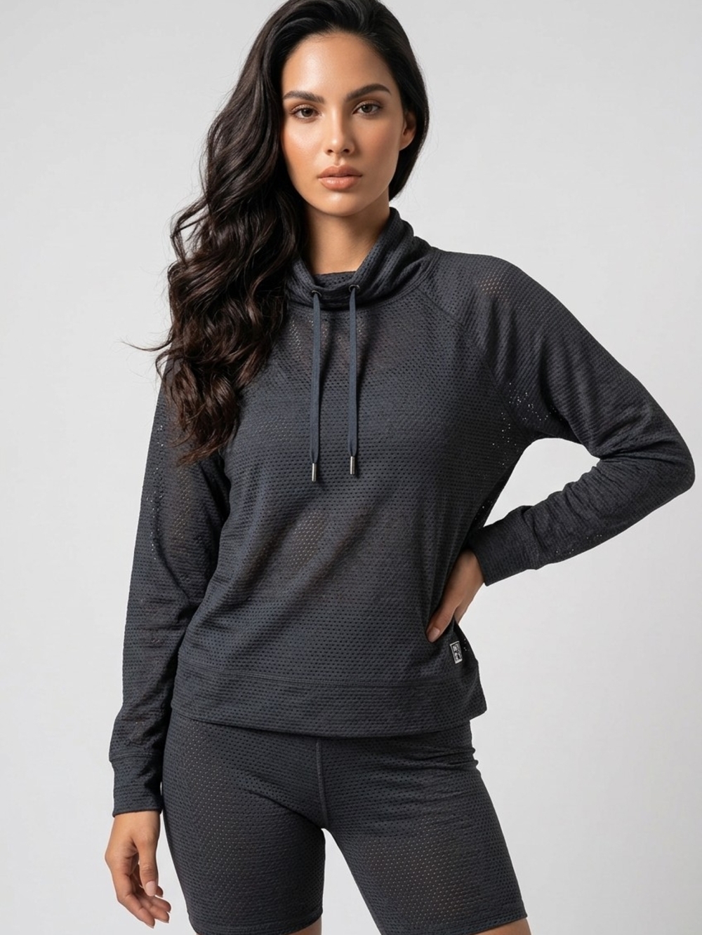 DKNY Charcoal Open-Weave Cowl Neck Pullover